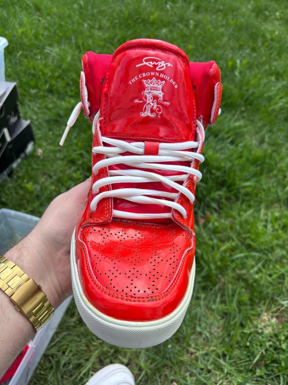 FUBU Red High-Top Patent Sneaker with White Sole - Picture 2 of 8